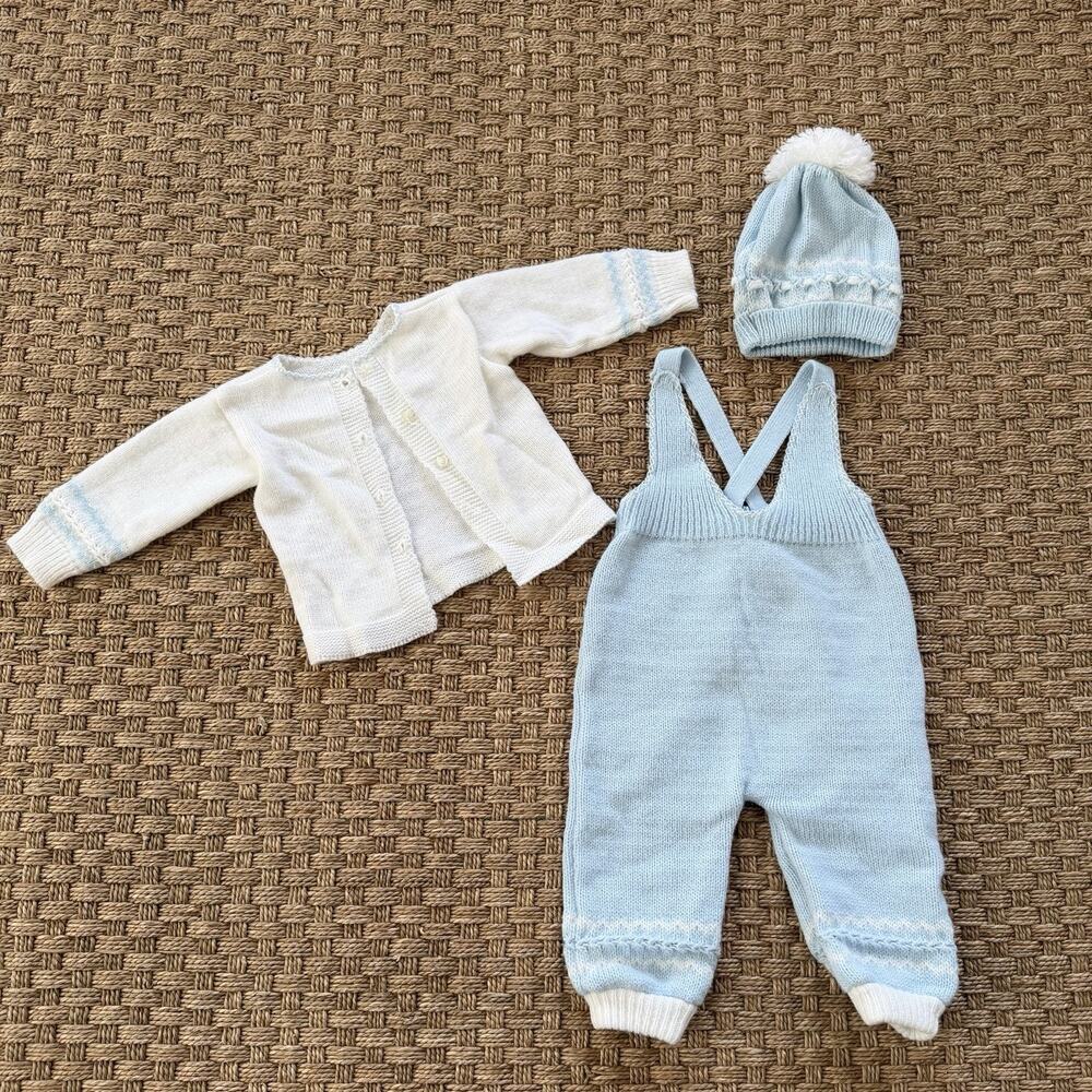 Vintage Heirloom Baby Boy’s Crylor Overalls, Cardigan & Knit Hat Baby Blue Set